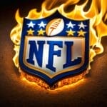 The NFL logo, ablaze against a shadowy backdrop, evokes the fiery passion and legacy of the greatest NFL players.