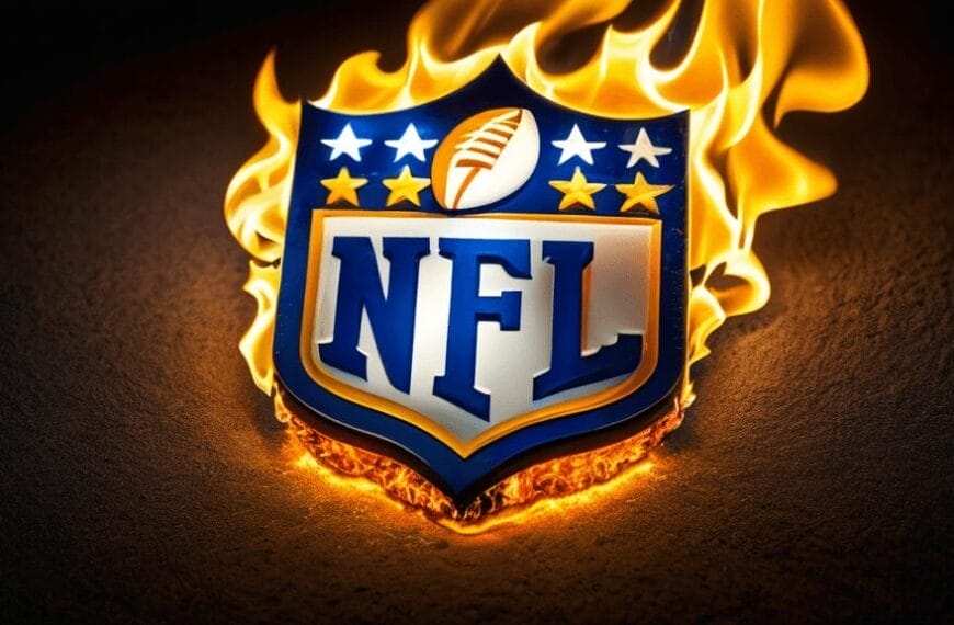 The NFL logo, ablaze against a shadowy backdrop, evokes the fiery passion and legacy of the greatest NFL players.