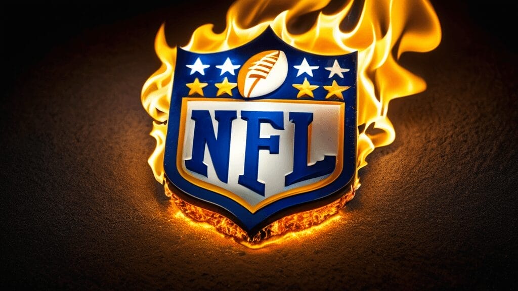 The NFL logo, ablaze against a shadowy backdrop, evokes the fiery passion and legacy of the greatest NFL players.