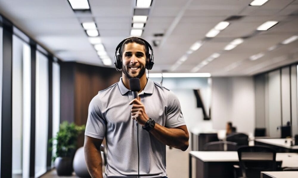 In a modern office with bright lighting, the Sport Entertainer dons headphones and speaks passionately into a microphone.