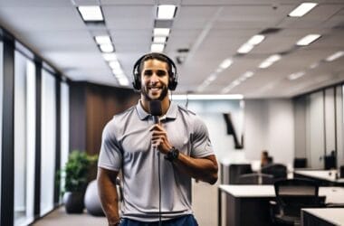 In a modern office with bright lighting, the Sport Entertainer dons headphones and speaks passionately into a microphone.