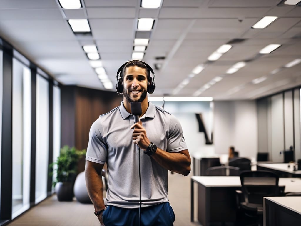 In a modern office with bright lighting, the Sport Entertainer dons headphones and speaks passionately into a microphone.