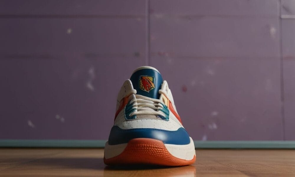 A single sneaker is placed on a wooden floor against a purple wall, echoing the style of 90's basketball. The shoe features a white body with blue and orange accents. A logo is visible on the tongue, while the soft lighting casts shadows that add to its nostalgic appeal.