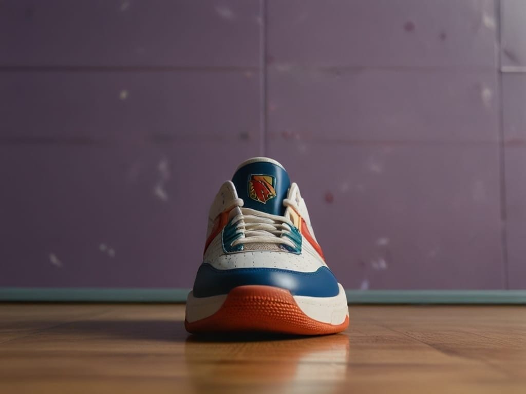 A single sneaker is placed on a wooden floor against a purple wall, echoing the style of 90's basketball. The shoe features a white body with blue and orange accents. A logo is visible on the tongue, while the soft lighting casts shadows that add to its nostalgic appeal.