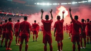 A group of soccer players in red uniforms stands on a field facing away, some raising their hands. In the background, passionate supporters fill the stands with energy, as a red smoke flare is lit, encapsulating the vibrant matchday experience.