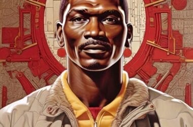 Illustration of a man in a jacket, reminiscent of NBA legend Hakeem Olajuwon, set against a complex, decorative background with intricate circular patterns.