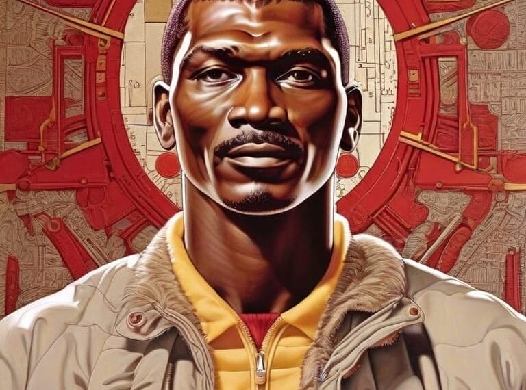 Illustration of a man in a jacket, reminiscent of NBA legend Hakeem Olajuwon, set against a complex, decorative background with intricate circular patterns.