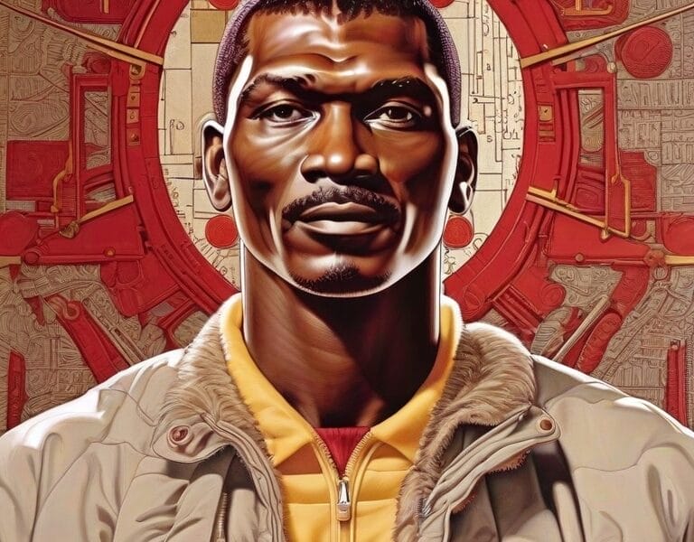 Illustration of a man in a jacket, reminiscent of NBA legend Hakeem Olajuwon, set against a complex, decorative background with intricate circular patterns.