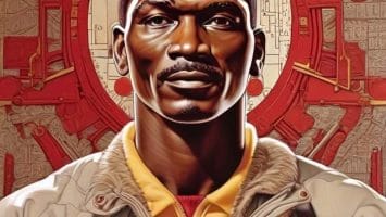 Illustration of a man in a jacket, reminiscent of NBA legend Hakeem Olajuwon, set against a complex, decorative background with intricate circular patterns.