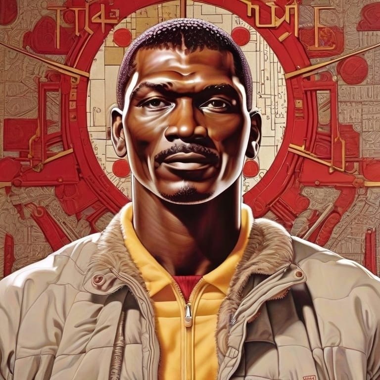 Illustration of a man in a jacket, reminiscent of NBA legend Hakeem Olajuwon, set against a complex, decorative background with intricate circular patterns.