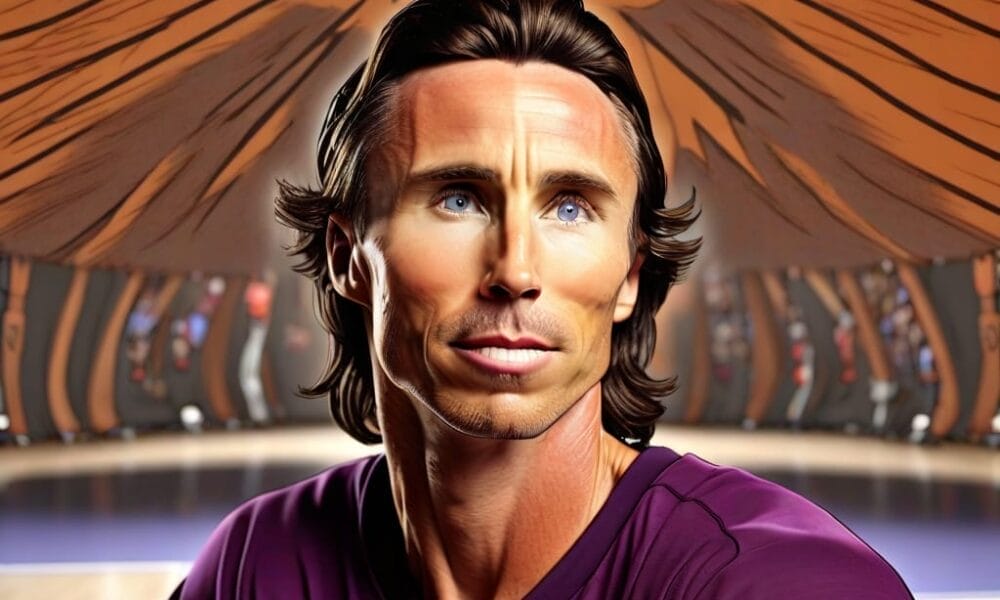 A digitally created illustration of a man with long brown hair wearing a purple shirt, reminiscent of NBA star Steve Nash. The background is abstract, featuring curved brown and orange lines that suggest a stylized setting.