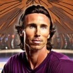 A digitally created illustration of a man with long brown hair wearing a purple shirt, reminiscent of NBA star Steve Nash. The background is abstract, featuring curved brown and orange lines that suggest a stylized setting.