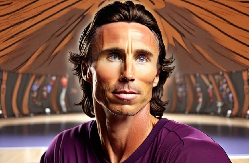 A digitally created illustration of a man with long brown hair wearing a purple shirt, reminiscent of NBA star Steve Nash. The background is abstract, featuring curved brown and orange lines that suggest a stylized setting.