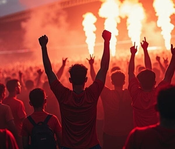 A large crowd of passionate supporters, mostly wearing red, are gathered in a stadium. They cheer wildly, raising their arms as flares illuminate the scene with a bright red glow. The sky is cloudy, and it's either dusk or dawn, embodying the spirit of a vibrant fan community.
