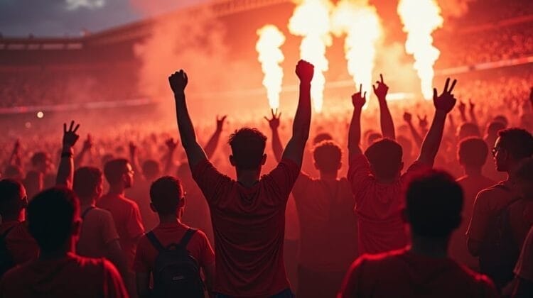 A large crowd of passionate supporters, mostly wearing red, are gathered in a stadium. They cheer wildly, raising their arms as flares illuminate the scene with a bright red glow. The sky is cloudy, and it's either dusk or dawn, embodying the spirit of a vibrant fan community.