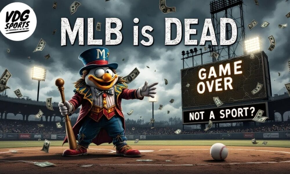 A cartoon bird dressed as a ringmaster stands on a baseball field amid scattered dollar bills. A scoreboard loudly criticizes MLB, declaring "MLB is DEAD," with "GAME OVER" and "NOT A SPORT?" beneath it. The VDG Sports logo sits in the corner, underscoring the scene's biting commentary.