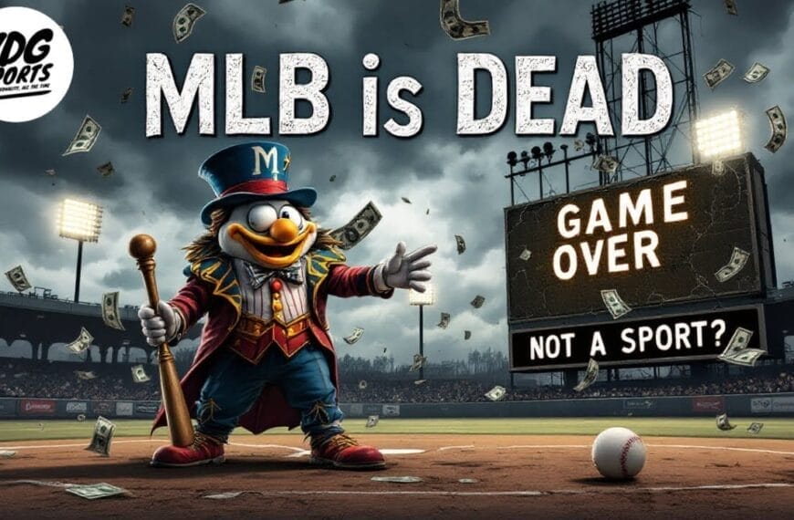 A cartoon bird dressed as a ringmaster stands on a baseball field amid scattered dollar bills. A scoreboard loudly criticizes MLB, declaring "MLB is DEAD," with "GAME OVER" and "NOT A SPORT?" beneath it. The VDG Sports logo sits in the corner, underscoring the scene's biting commentary.