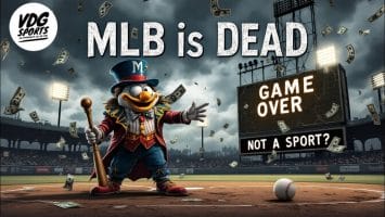 A cartoon bird dressed as a ringmaster stands on a baseball field amid scattered dollar bills. A scoreboard loudly criticizes MLB, declaring "MLB is DEAD," with "GAME OVER" and "NOT A SPORT?" beneath it. The VDG Sports logo sits in the corner, underscoring the scene's biting commentary.