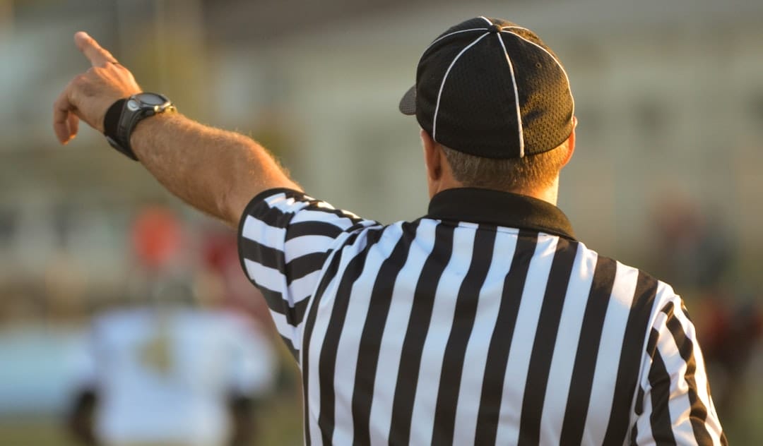 A referee, adhering to NFL regulations, is seen from behind in a black-and-white striped shirt and black cap, raising one arm and pointing. The blurred background reveals a sports field bustling with players.