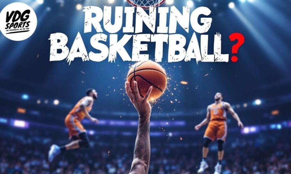 A basketball player shoots towards the hoop in a stadium as questions arise about recent NBA Rule changes. The text "Ruining Basketball?" is prominently displayed with a red question mark. Two players in orange uniforms are seen in the background, while the VDG Sports logo sits in the top left corner.