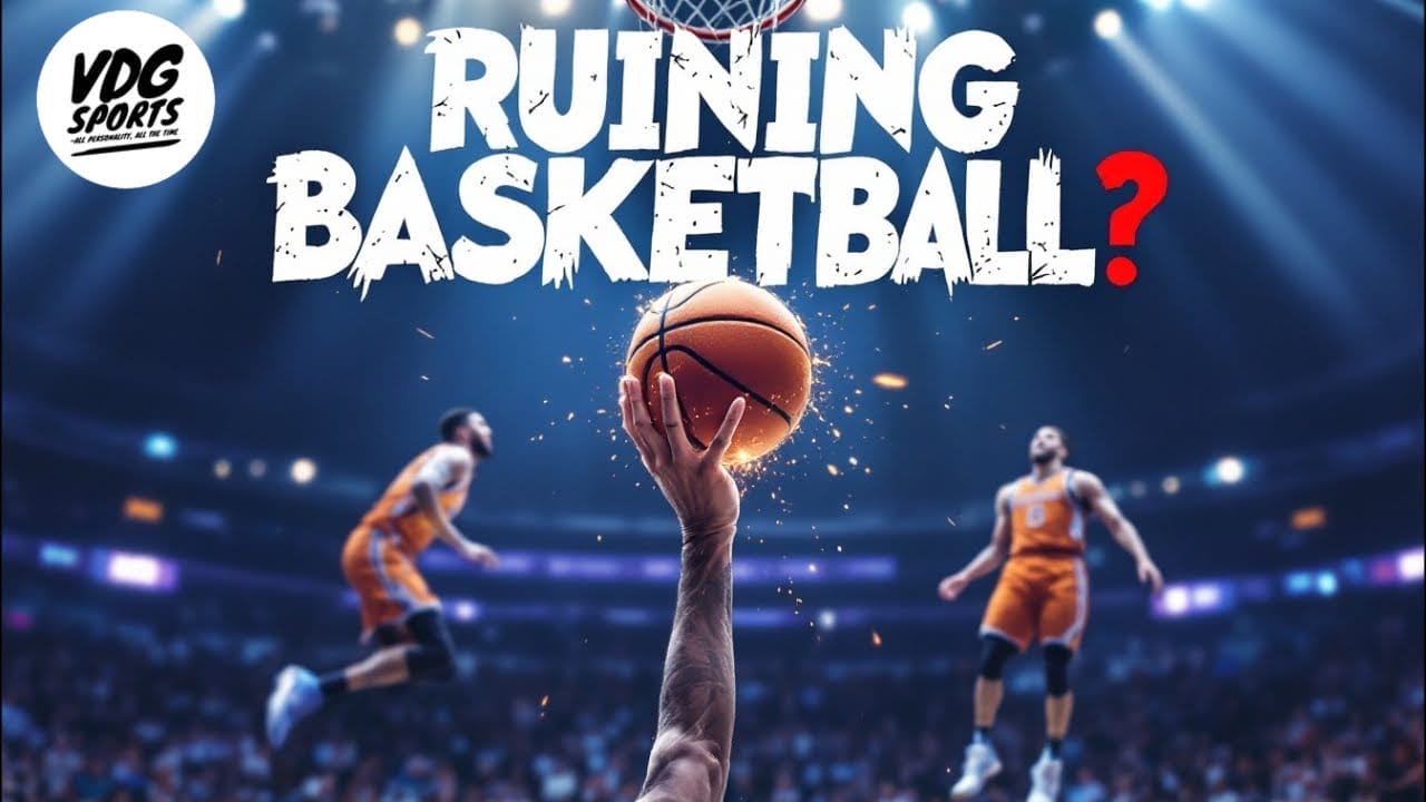 A basketball player shoots towards the hoop in a stadium as questions arise about recent NBA Rule changes. The text "Ruining Basketball?" is prominently displayed with a red question mark. Two players in orange uniforms are seen in the background, while the VDG Sports logo sits in the top left corner.