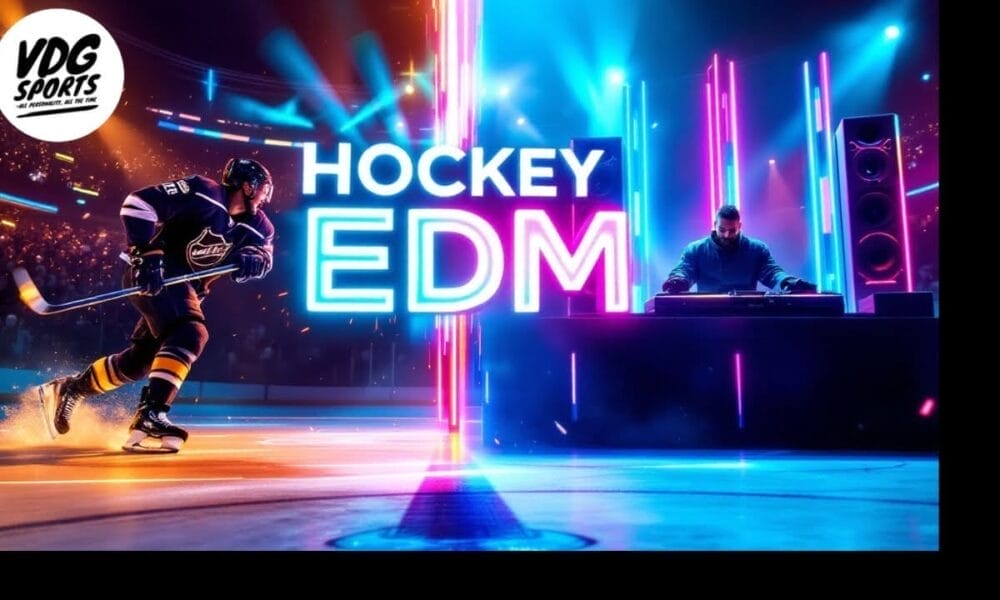 A dynamic digital artwork captures an NHL player in motion on an ice rink next to a DJ spinning EDM tracks. Vibrant neon lights illuminate the scene, with "Hockey EDM" prominently displayed. The VDG Sports logo sits subtly in the corner, enhancing the energetic vibe.