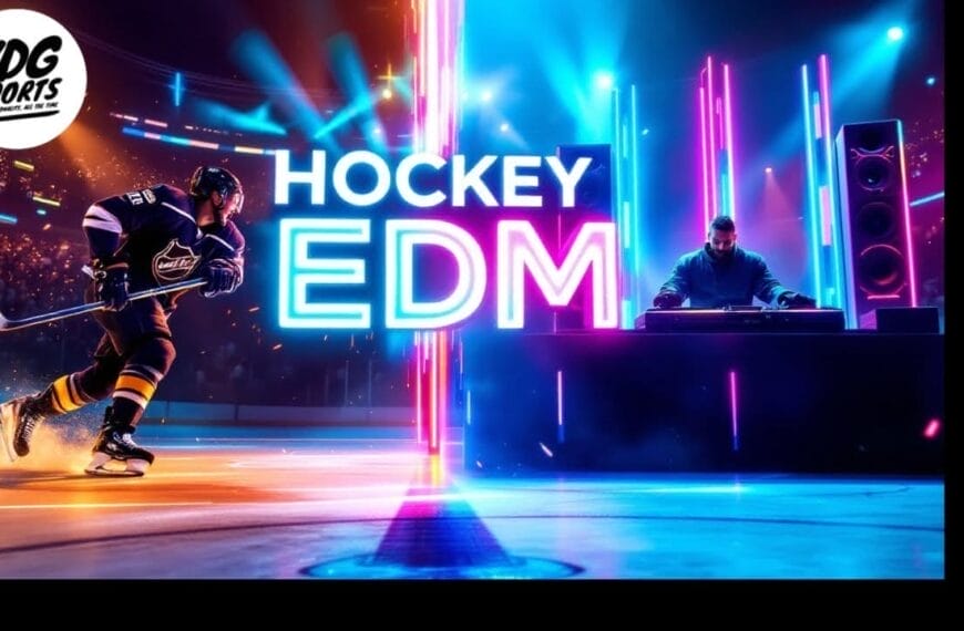 A dynamic digital artwork captures an NHL player in motion on an ice rink next to a DJ spinning EDM tracks. Vibrant neon lights illuminate the scene, with "Hockey EDM" prominently displayed. The VDG Sports logo sits subtly in the corner, enhancing the energetic vibe.