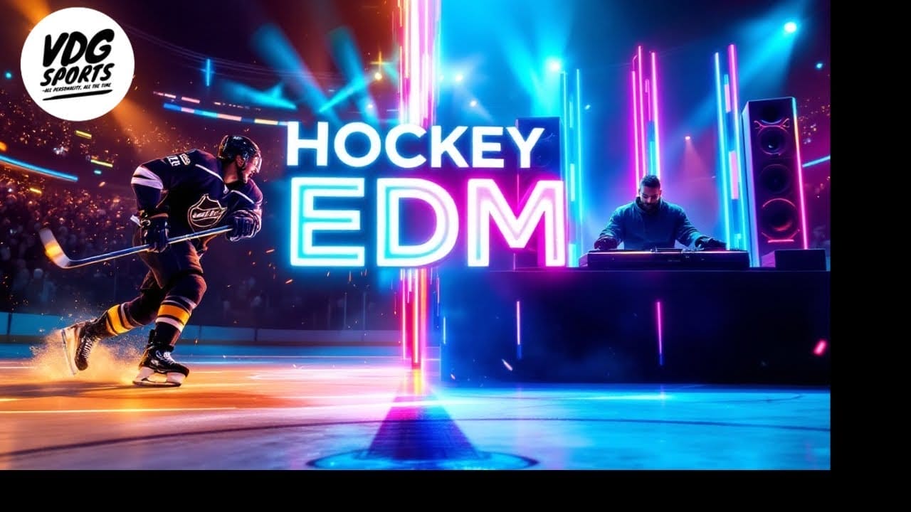 A dynamic digital artwork captures an NHL player in motion on an ice rink next to a DJ spinning EDM tracks. Vibrant neon lights illuminate the scene, with "Hockey EDM" prominently displayed. The VDG Sports logo sits subtly in the corner, enhancing the energetic vibe.