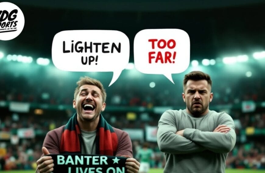 Two men in a stadium with speech bubbles above them. The man on the left is smiling, saying "LIGHTEN UP!" while the other looks displeased, saying "TOO FAR!". A banner reads "FOOTBALL BANTER LIVES ON.