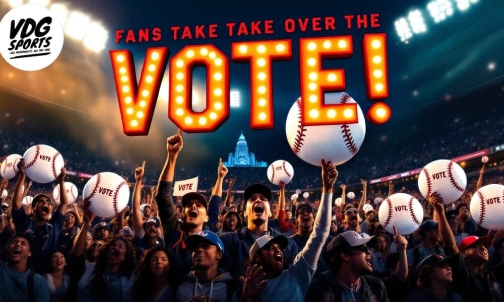 A stadium filled with cheering fans, some clutching baseballs. Large illuminated text reads "FANS TAKE OVER THE VOTE!" The VDG Sports logo graces the top left beneath a night sky, evoking the thrill reminiscent of MLB history and dreams of the Baseball Hall of Fame.