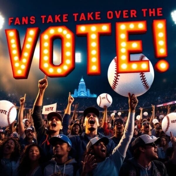 A stadium filled with cheering fans, some clutching baseballs. Large illuminated text reads "FANS TAKE OVER THE VOTE!" The VDG Sports logo graces the top left beneath a night sky, evoking the thrill reminiscent of MLB history and dreams of the Baseball Hall of Fame.