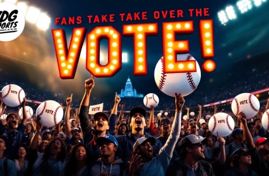 A stadium filled with cheering fans, some clutching baseballs. Large illuminated text reads "FANS TAKE OVER THE VOTE!" The VDG Sports logo graces the top left beneath a night sky, evoking the thrill reminiscent of MLB history and dreams of the Baseball Hall of Fame.