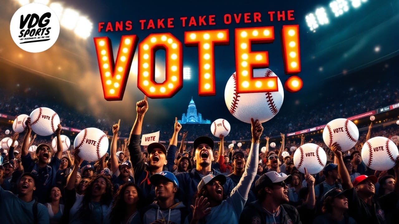 A stadium filled with cheering fans, some clutching baseballs. Large illuminated text reads "FANS TAKE OVER THE VOTE!" The VDG Sports logo graces the top left beneath a night sky, evoking the thrill reminiscent of MLB history and dreams of the Baseball Hall of Fame.