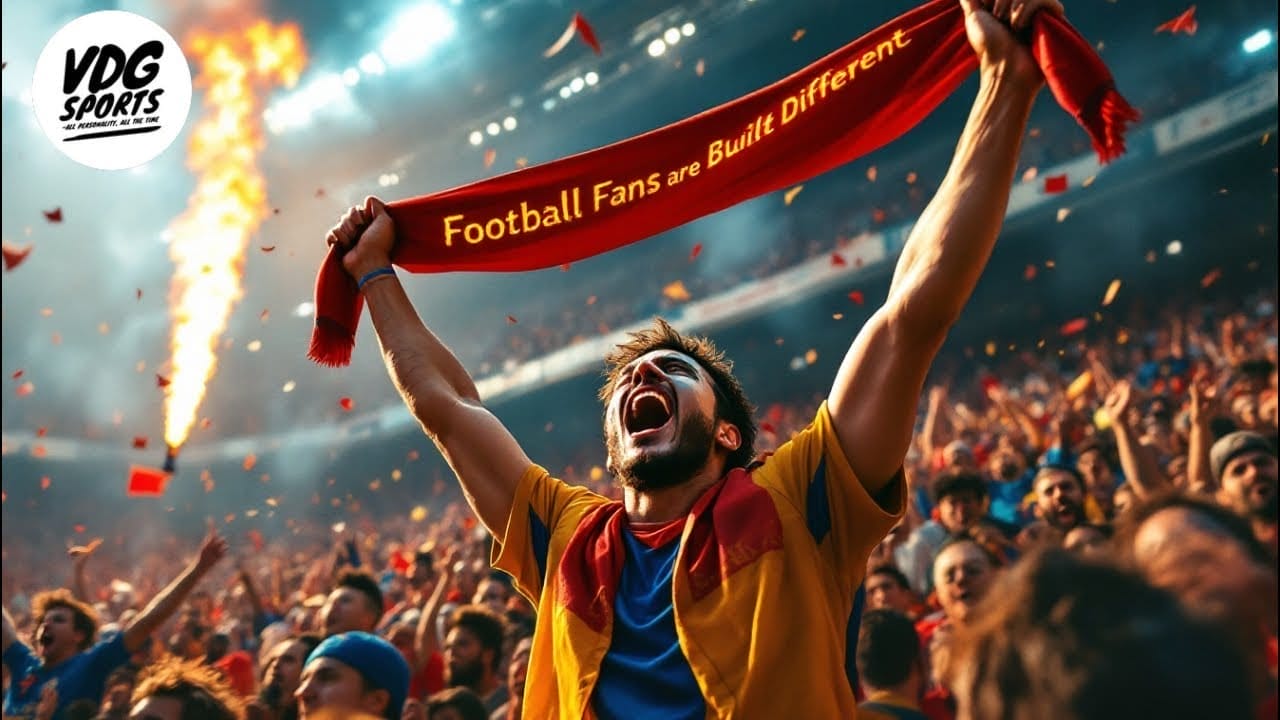 A passionate soccer fan in a colorful stadium holds a red scarf reading "Football Fans are Built Different," embodying the vibrant football culture. The crowd is lively, with confetti swirling in the air and bright lights illuminating the scene.