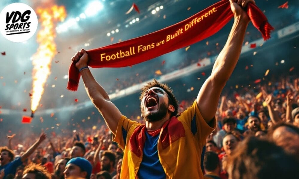 A passionate soccer fan joins the throng of football fans, cheering with a scarf held high amid the electric atmosphere of a crowded stadium filled with pyrotechnics.