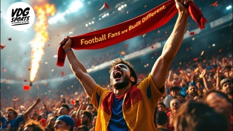 A passionate soccer fan joins the throng of football fans, cheering with a scarf held high amid the electric atmosphere of a crowded stadium filled with pyrotechnics.