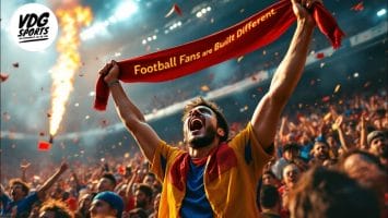 A passionate soccer fan joins the throng of football fans, cheering with a scarf held high amid the electric atmosphere of a crowded stadium filled with pyrotechnics.