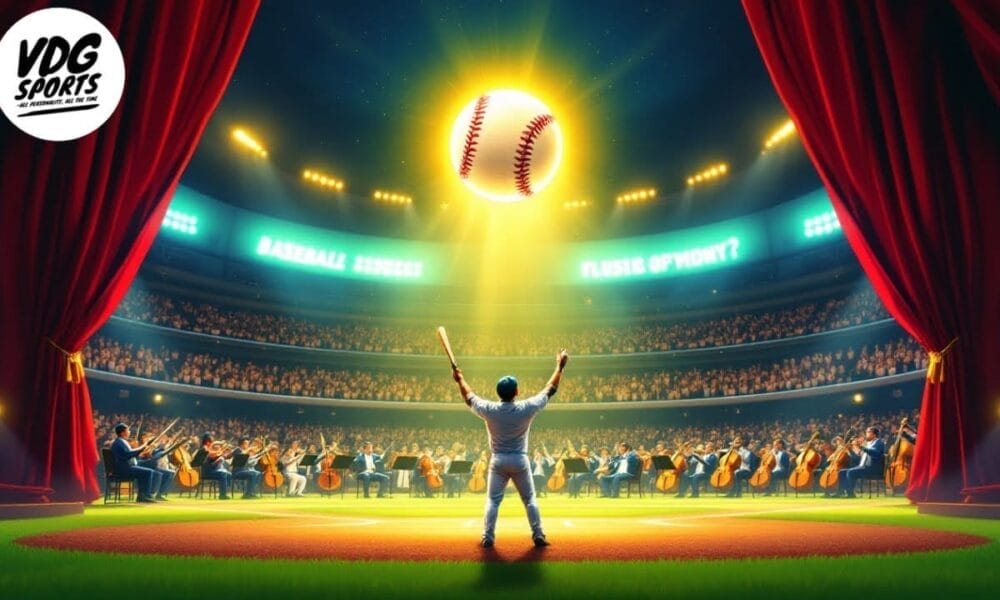 An MLB player stands on stage with an orchestra, arms raised towards a glowing baseball in the spotlight. The scene beautifully blends the elegance of classical music with the passion of sports.