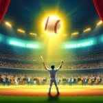 An MLB player stands on stage with an orchestra, arms raised towards a glowing baseball in the spotlight. The scene beautifully blends the elegance of classical music with the passion of sports.