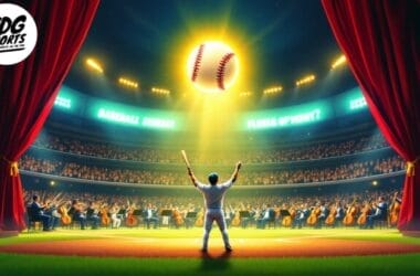 An MLB player stands on stage with an orchestra, arms raised towards a glowing baseball in the spotlight. The scene beautifully blends the elegance of classical music with the passion of sports.