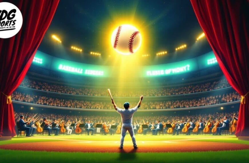 An MLB player stands on stage with an orchestra, arms raised towards a glowing baseball in the spotlight. The scene beautifully blends the elegance of classical music with the passion of sports.