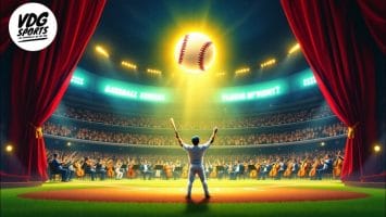 An MLB player stands on stage with an orchestra, arms raised towards a glowing baseball in the spotlight. The scene beautifully blends the elegance of classical music with the passion of sports.