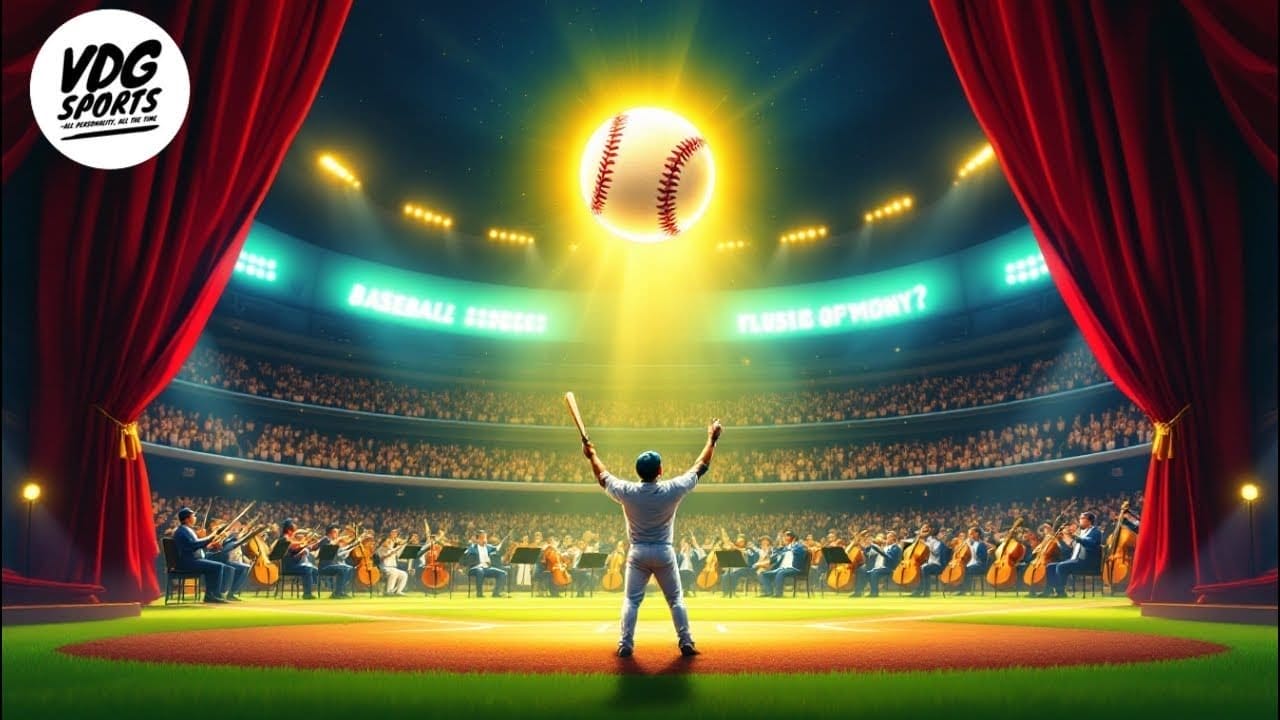 An MLB player stands on stage with an orchestra, arms raised towards a glowing baseball in the spotlight. The scene beautifully blends the elegance of classical music with the passion of sports.
