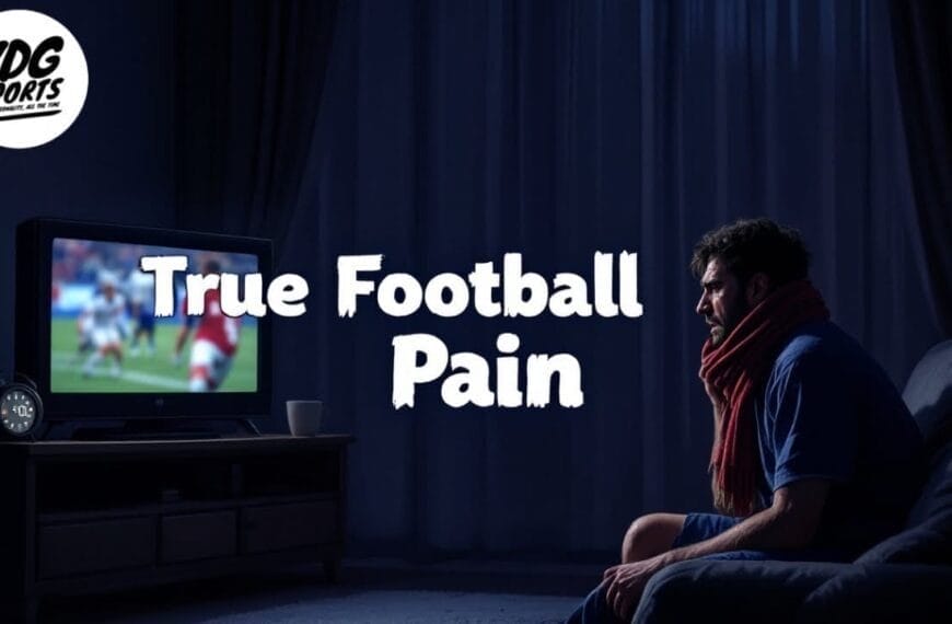 Football fans glued to their TV watches intently, as the words "True Football Pain" flash across the screen, capturing the passion and heartbreak of devoted followers.