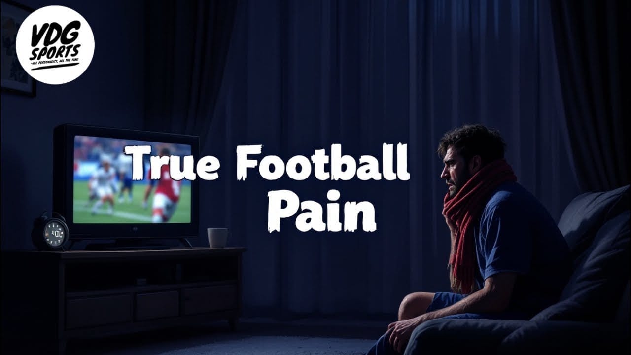 A football fan glued to their TV watches intently, as the words "True Football Pain" flash across the screen, capturing the passion and heartbreak of devoted followers.