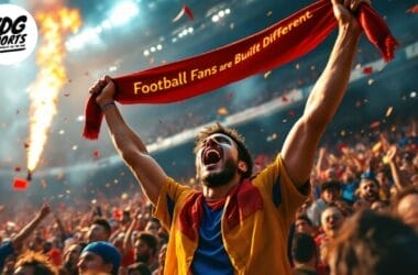 A soccer fan in a colorful jersey holds up a red scarf adorned with "Football Fandom is Built Different" in a stadium. The crowd cheers as a flare burns in the background, capturing the essence of global football culture. Confetti fills the air.