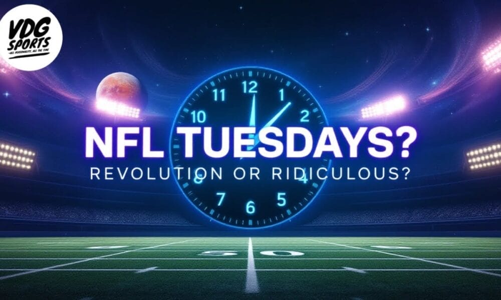 An illuminated football field under bright stadium lights with a clock showing 11:59 in the background. Text reads "NFL Tuesdays? Revolution or Ridiculous?" in bold, sparking fan engagement debates. The VDG Sports logo sits in the top left corner, questioning sports scheduling norms.