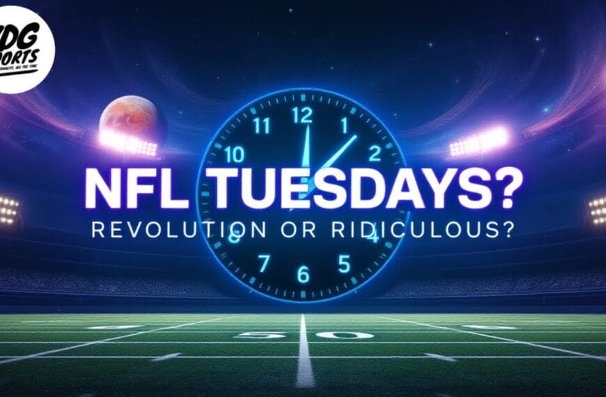 An illuminated football field under bright stadium lights with a clock showing 11:59 in the background. Text reads "NFL Tuesdays? Revolution or Ridiculous?" in bold, sparking fan engagement debates. The VDG Sports logo sits in the top left corner, questioning sports scheduling norms.