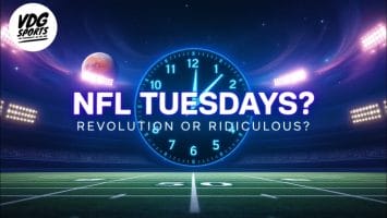 An illuminated football field under bright stadium lights with a clock showing 11:59 in the background. Text reads "NFL Tuesdays? Revolution or Ridiculous?" in bold, sparking fan engagement debates. The VDG Sports logo sits in the top left corner, questioning sports scheduling norms.