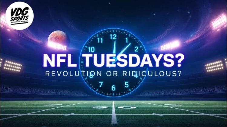 An illuminated football field under bright stadium lights with a clock showing 11:59 in the background. Text reads "NFL Tuesdays? Revolution or Ridiculous?" in bold, sparking fan engagement debates. The VDG Sports logo sits in the top left corner, questioning sports scheduling norms.